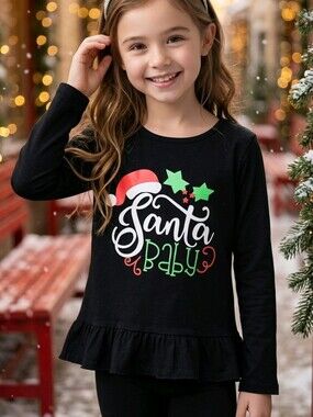 Santa Baby Black Ruffled Sleeve Holiday T-Shirt 130 cm (7/8) Girls Graphic Tee